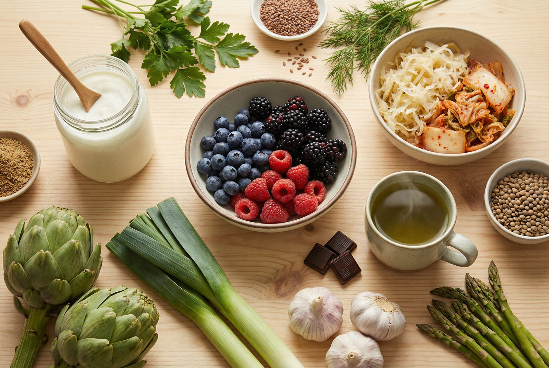 Darmgesunde Lebensmittel – Beeren, Joghurt, Sauerkraut, Kimchi, grüner Tee, Artischocken und mehr